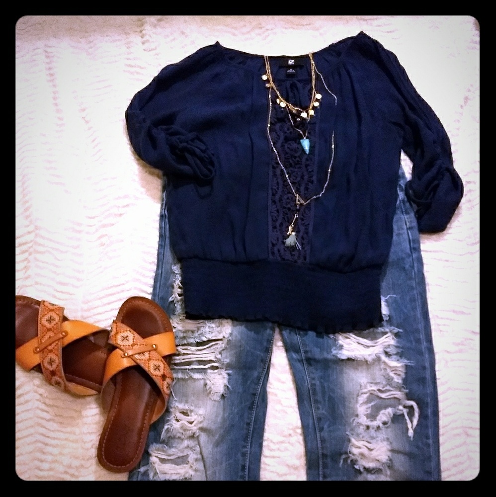 Navy, crochet front, 3/4 sleeve boho top